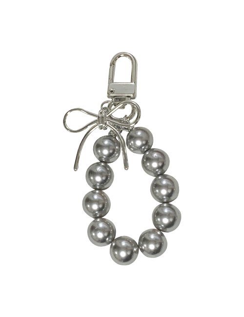 [handmade] silver ribbon pearl keyring (gray)