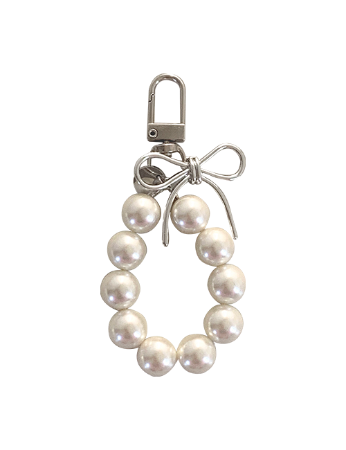 [handmade] silver ribbon pearl keyring (white)